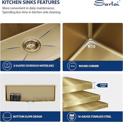 Sarlai 33 Gold Kitchen Sink with Faucet- 33x22 Inch Drop In Kitchen Sink Single Bowl Topmount Gold Ledge Workstation Sinks 16 Gauge Stainless Steel Sinks with Pull-out Faucet