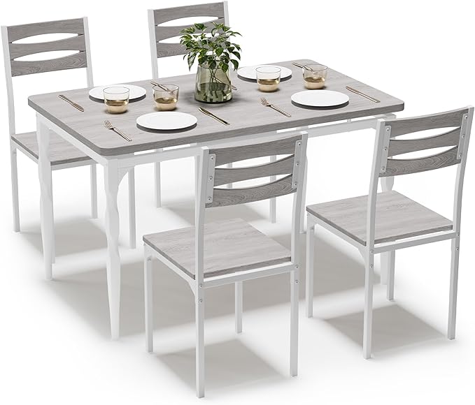 GarveeHome 5 Piece Dining Table Set, Industrial Style Dining Table and Chairs Set for 4, Kitchen Table Set for Dining Room Kitchen Apartment, Grey