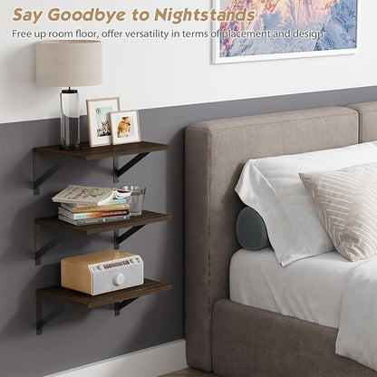 Forbena 12 Inch Deep Floating Shelves for Wall Set of 3, Wooden Wall Bookshelf for Bedroom Books, Rustic Wood Hanging Bookshelves for Bathroom Living Room Office Storage (Dark Brown)