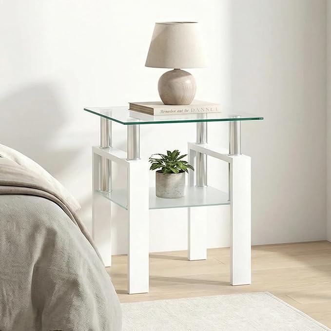 IANIYA Modern Glass Side Table, 2-Tier End Table with Tempered Glass Top & Metal Legs, Night Stand Corner Small Table for Living Room, Bedroom, Small Space White