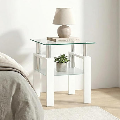 IANIYA Modern Glass Side Table, 2-Tier End Table with Tempered Glass Top & Metal Legs, Night Stand Corner Small Table for Living Room, Bedroom, Small Space White