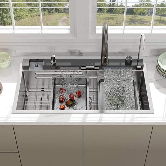 36 Inch Waterfall Kitchen Sink - Beslend 36x19 Drop In Waterfall Sink Stainless Steel Workstation Modern Smart Sinks 16 Gauge Single Bowl with Faucet Combo, Digital Display and Fancy Ambient Light BSL