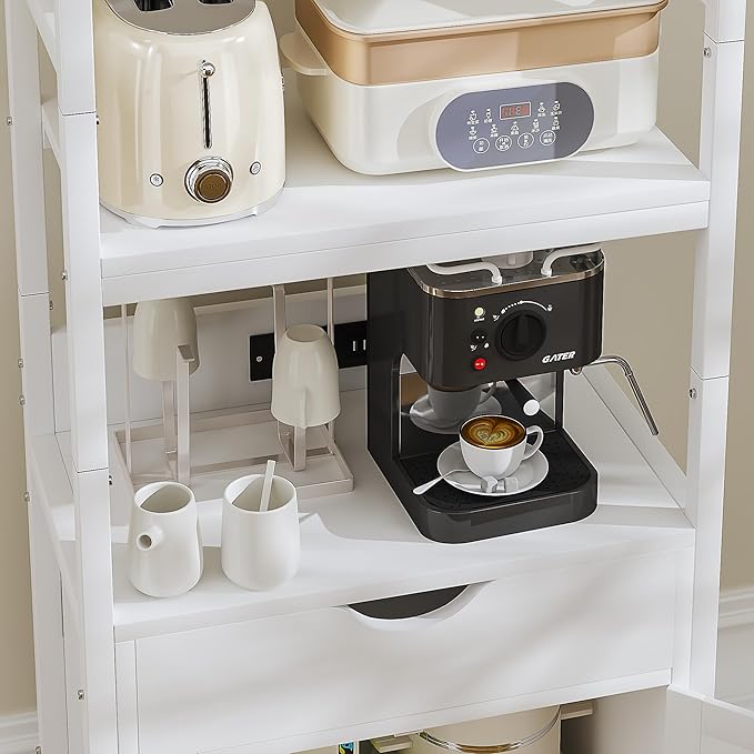 VECELO 3-Tier Microwave Stand with Power Outlet & USB Ports, 15.5" Deep Kitchen Pantry Cabinet, Fits 1.0 Cu.Ft Microwave, Modern Farmhouse Coffee Bar Storage with Drawer & Barn Door for Kitchen, White