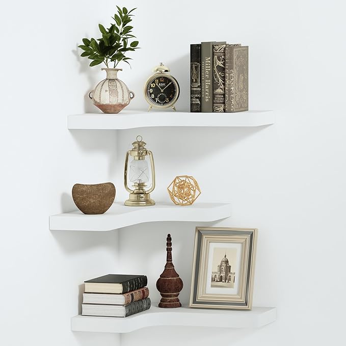 SAUMONIERES Corner Floating Shelves Wall Mount Shelf Solid Wood for Bedroom Bathroom Room Kitchen Storage Set of 3, White, Invisible Brackets