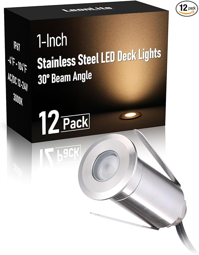 LEONLITE 12-Pack Recessed Low Voltage LED Deck Light with Flat Round Aperture, 1-Inch 12-24V AC/DC Landscape Step Stair Light, CRI90 IP67 Waterproof, Stainless Steel Housing, 3000K Warm White, Silver