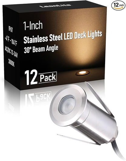 LEONLITE 12-Pack Recessed Low Voltage LED Deck Light with Flat Round Aperture, 1-Inch 12-24V AC/DC Landscape Step Stair Light, CRI90 IP67 Waterproof, Stainless Steel Housing, 3000K Warm White, Silver