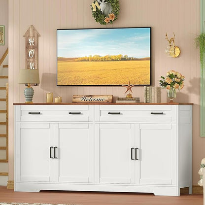 usikey Buffet Cabinet with Storage and Drawers, 55" Large Sideboard Buffet Cabinet with Adjustable Shelves and Doors, Modern Coffee Bar for Kitchen, Living Room, White