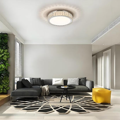 Dimmable Modern LED Crystal Flush Mount Ceiling Light Fixture,Luxury Chrome Round Lighting Fixtures,15 Inch 36W 5CCT 3000K-6000K Large Bedroom Chandelier for Hallway Kitchen Living Room