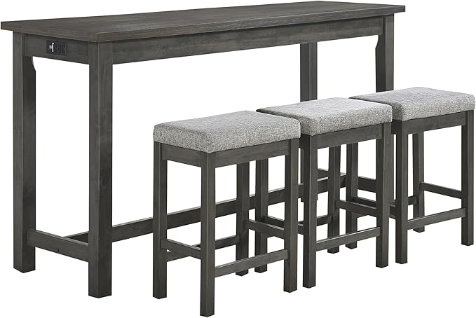 Lexicon 4-Piece Counter Height Table with 3 Stools, Wood Kitchen Counter Table Set with 2 Built-in USB Ports, 2 Charging A/C Power Outlets, Console Drawer, Upholstered Bar Stools, Gray