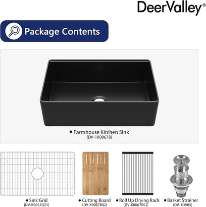 DeerValley Black Farmhouse Sink for Kitchen 33 inch, Fireclay Farmhouse Single Bowl Kitchen Sink, Front Apron Workstation Sinks with Grid, Strainer & Workstation Accessories
