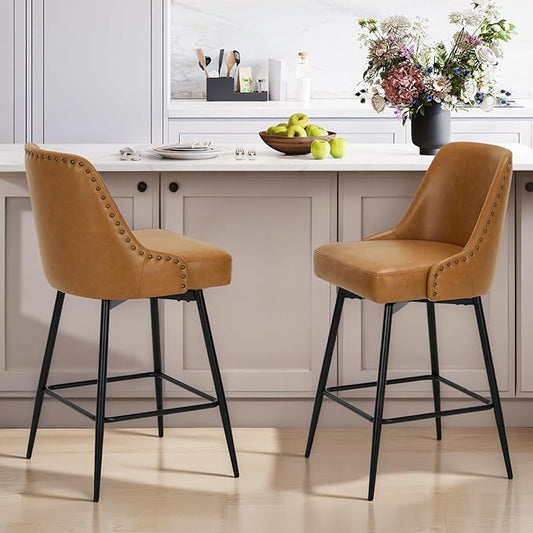 MALOL Bar Stools Set of 2, 26" Swivel Counter Height Chairs with Back,Thick Padded Seat & Footrest,Modern Faux Leather Barstool for Kitchen Island,Dining Room,Pub,Brown