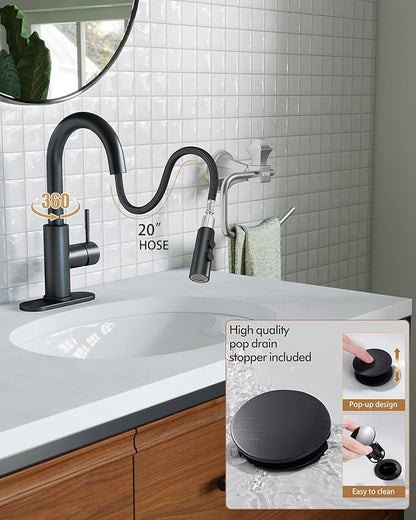 Fransiton Bathroom Faucets with Pull Down Sprayer, Bar Sink Faucet Single Hole for Kitchen Campers with Pop-Up Drain Hose, Suitable for Farmhouse Vanity Lavatory