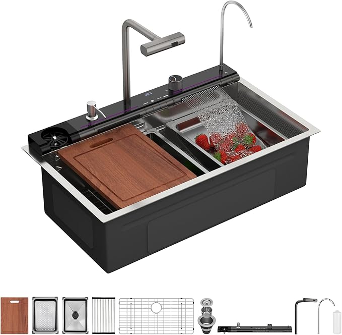Sarlai 30 Inch Waterfall Kitchen Sink - 30x19 Inch Drop In Workstation Sink With Waterfall Stainless Steel 16 Gauge Multifunction Single Bowl Top Mount Kitchen Sinks with HoneyComb Finish