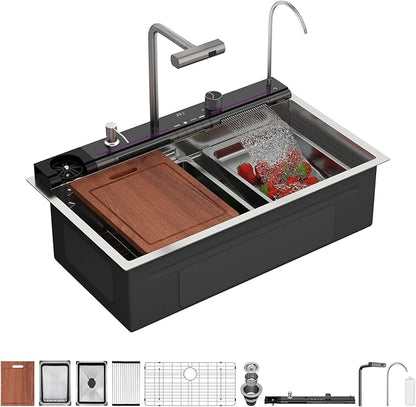 Sarlai 30 Inch Waterfall Kitchen Sink - 30x19 Inch Drop In Workstation Sink With Waterfall Stainless Steel 16 Gauge Multifunction Single Bowl Top Mount Kitchen Sinks with HoneyComb Finish