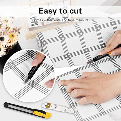Drawer and Shelf Liner for Kitchen Cabinet,Non-Adhesive Cabinet Liner 18in x 30FT,Waterproof Shelf Paper Non-Slip Mats Cupboard Liners Contact Protect Dresser/Shelves/Table-White Stripes
