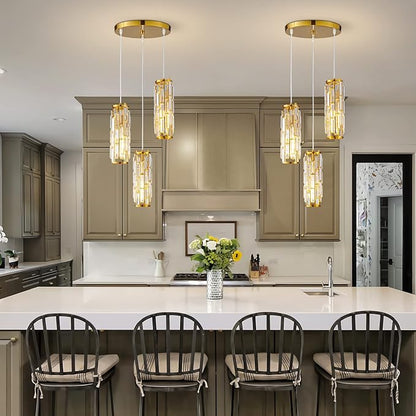 LMQNINE Pendant Lighting Modern Pendant Light, Mini Crystal Chandeliers,Adjustable Pendant Light Fixture for Kitchen Island Dinning Room Bedroom (Gold, 3-Light)