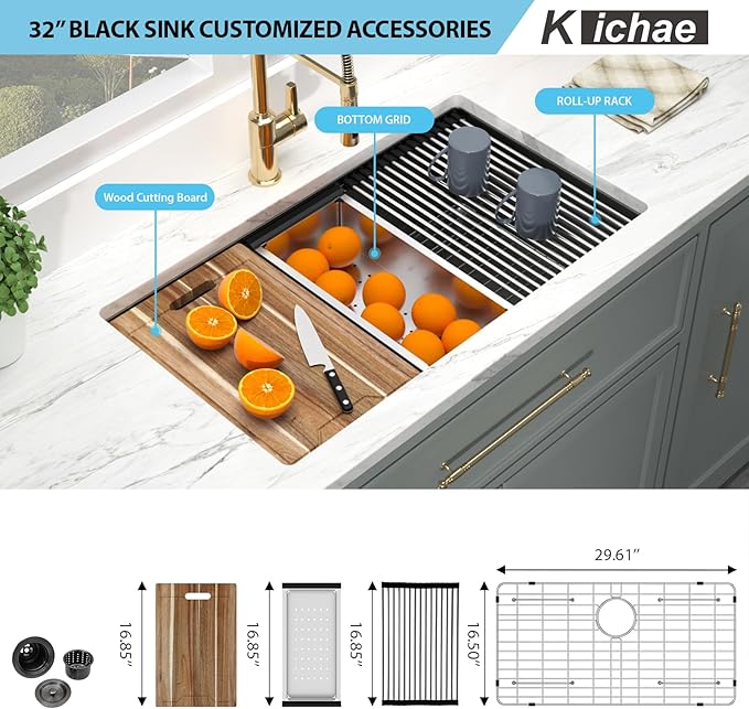 Kichae 32 Inch Undermount Kitchen Sink Black - 32" x 19" Kitchen Sink Workstation Gunmetal Black Stainless Steel 16 Gauge Handmade Single Bowl Basin