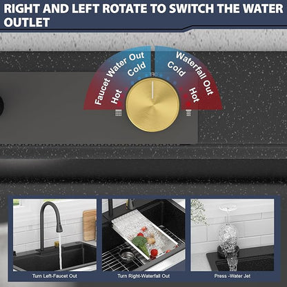 33 Inch Drop-In Kitchen Sink - Beslend 33x22 Black Granite Composite Drop In Workstation Sink Topmount Sinks with Integrated Waterfall Faucet & Glass Rinser - Non-Splash, Easy Clean