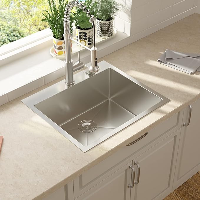 Lordear 25 Drop In Kitchen Sinks 25 x 22 Single Bowl Stainless Steel 16 Gauge Topmount Over Counter Handmade Kitchen Laundry Room Utility Sink Basin