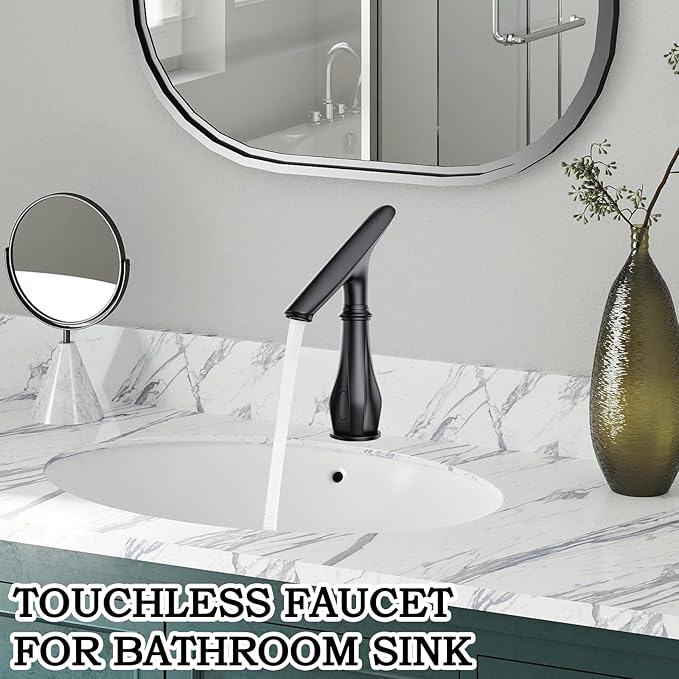 Touchless Bathroom Faucet, Matte Black Smart Motion Sensor Bathroom Sink Faucets 1 Hole with Cover Plate, Mixing Valve, Battery Powered for Commercial Lavatory, Home