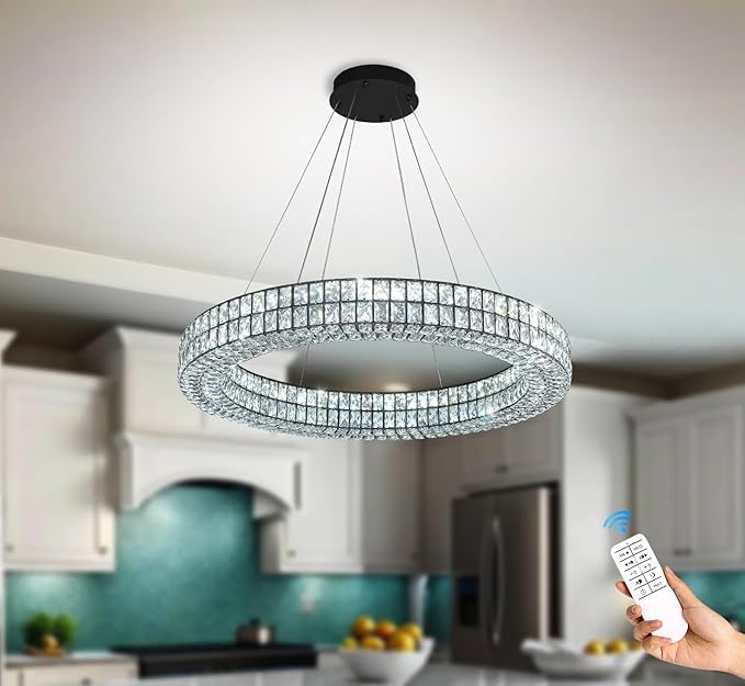 Modern Led Ring Chandelier Dimmable Crystal Chandelier for Living Room Dining Room 32 inch Black Adjustable Ring Pendant Light
