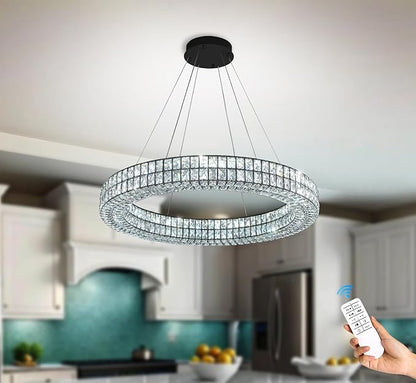 Modern Led Ring Chandelier Dimmable Crystal Chandelier for Living Room Dining Room 32 inch Black Adjustable Ring Pendant Light