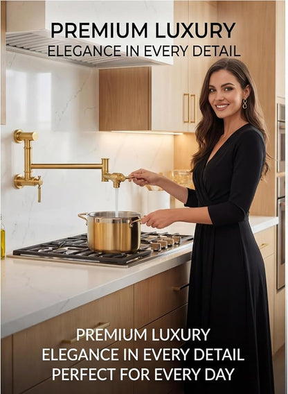 Brushed Gold Pot Filler, Lava Odoro Brass Pot Filler Faucet Two-Attachment Wall Mount Folding Kitchen Pot Filler Over Stove Pot Faucet Swing Arm, PF312-SG