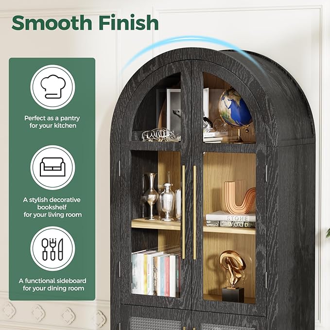 71”Arched Storage Cabinet with Glass & Rattan Door 5-Tier Farmhouse Kitchen Arch Cabinets with Adjustable Feet for Living Room, Black