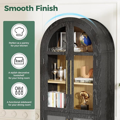 71”Arched Storage Cabinet with Glass & Rattan Door 5-Tier Farmhouse Kitchen Arch Cabinets with Adjustable Feet for Living Room, Black
