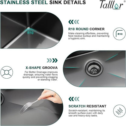 12 x 15 Inch Undermount Bar Sink, Workstation 16 Gauge 304 Stainless Steel Single Bowl Wet Prep Sink, Gunmetal Black, for Small Space, Kitchen Bar, Boat, and RV #TLU-0016
