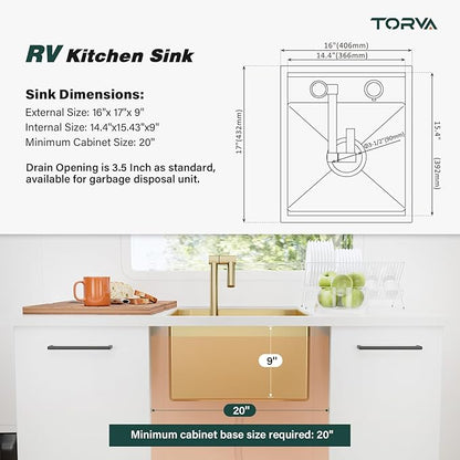 TORVA Gold Stainless Steel RV Sink, 16x17x9 Inch Undermount Single Bowl Kitchen Sink, Nano Coating, 16 Gauge Durable Bar Sink for RV, Camper, Trailer, and Small Kitchen