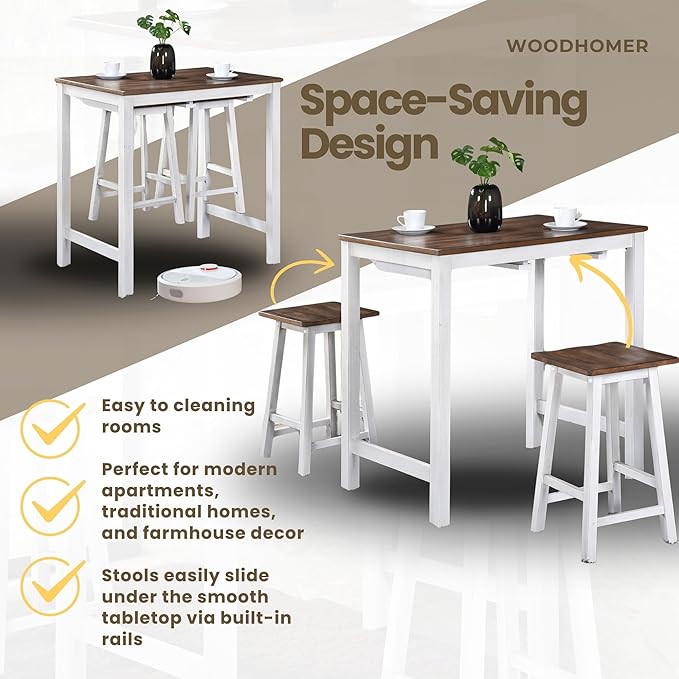 Small Kitchen Island with Seating, Modern Farmhouse 3 Piece Counter Height Dining Set, Solid Wood Counter Bar, Space Saving Breakfast Pub Set for 2, Ideal for Small Home
