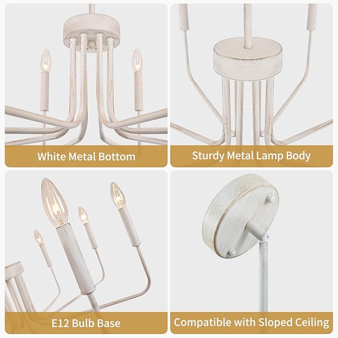 French Country Chandelier, 8-Light Farmhouse Chandelier for Dining Room, Antique White Chandelier Light Fixtures, Candle Hanging Pendant Lights for Kitchen Living Room Bedroom Foyer