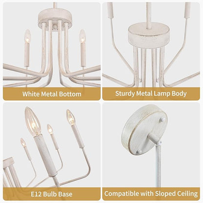 French Country Chandelier, 8-Light Farmhouse Chandelier for Dining Room, Antique White Chandelier Light Fixtures, Candle Hanging Pendant Lights for Kitchen Living Room Bedroom Foyer