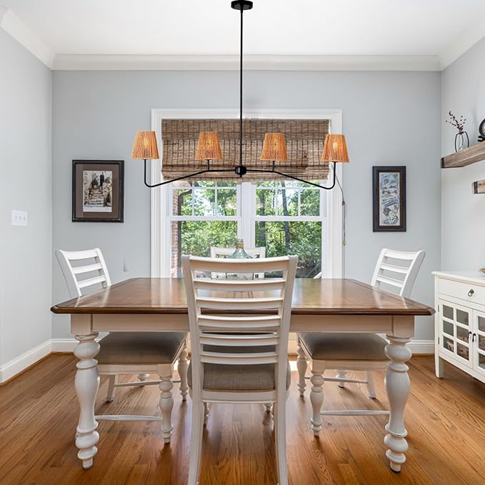 45" W Rattan Farmhouse Kitchen Island Lighting,Industrial Linear Chandelier, 4-Light Pendant Lighting for Kitchen Island Dining Room