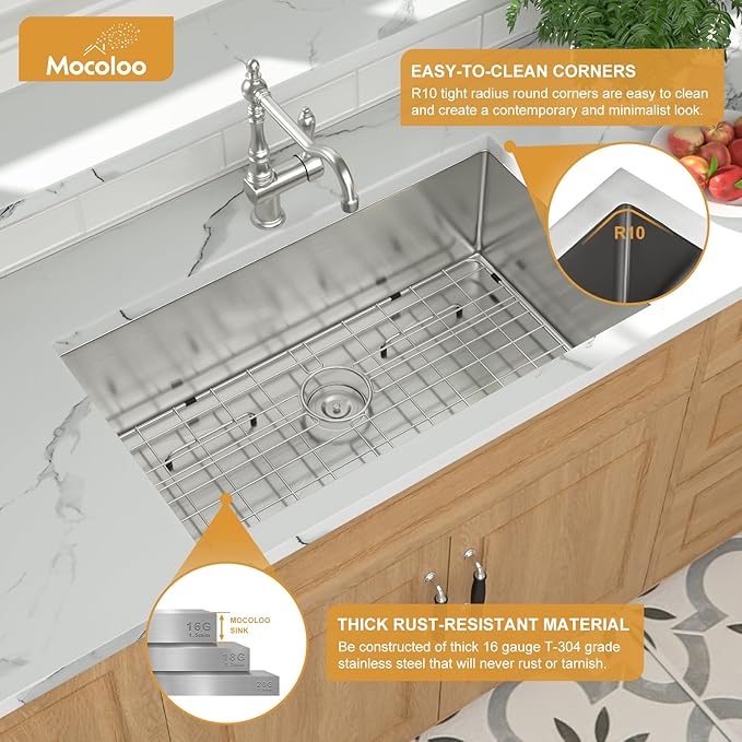 30 Inch Undermount Kitchen Sink - Mocoloo 30x18 Stainless Steel Kitchen Sink 16 Gauge Under Counter 10" Deep Single Bowl Handmade Sinks