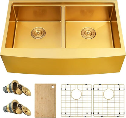 Gold Double Farmhouse kitchen Sink,16-Gauge SUS304 Stainless Steel Farm Sinks, 50/50 Apron Front Features Workstaion Sink With Accessories,33''×20''×10" Large and Deep Double Kitchen Sinks