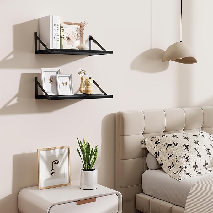 Acovy Floating Shelves for Wall,18" Wall Mounted Shelves Set of 2,Wood Floating Shelf with Bracket,Sturdy Metal Bracket Bookshelves Home Decor Storage for Living Room,Bedroom,Bathroom,Kitchen,Black