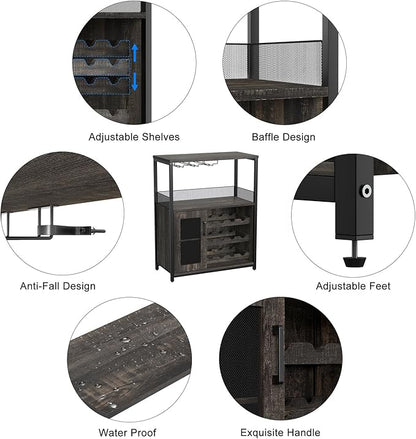 GAOMON Coffee Wine Bar Cabinet with Storage and Detachable Rack, Farmhouse Sideboard and Buffet Cabinet with Glass Holder and Mesh Door, Liquor Coffee Bar Cupboard, Dark Wood