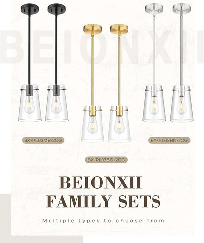 Beionxii Pendant Lights Kitchen Island 2 Pack, Brushed Nickel Hanging Lights Fixtures with Clear Glass, Kitchen Pendant Lighting Over Island, Hanging Lights for Sink Dining Room Entryway BX-PL03BN-2CG