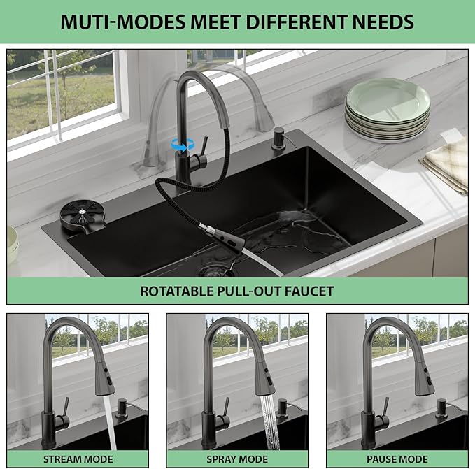 33 Drop In Kitchen Sink - Beslend 33x22 Black Kitchen Sink Drop In with Pull-Out Faucet, Stainless Steel Sinks and Soap Dispenser Topmount 16 Gauge Single Bowl Above Counter Dish Basin 9" Deep