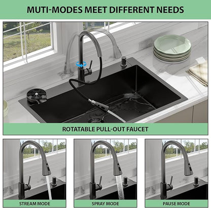 33 Drop In Kitchen Sink - Beslend 33x22 Black Kitchen Sink Drop In with Pull-Out Faucet, Stainless Steel Sinks and Soap Dispenser Topmount 16 Gauge Single Bowl Above Counter Dish Basin 9" Deep