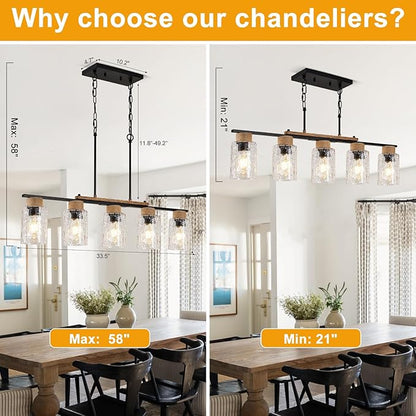 35" Dining Room Light Fixture/Chandelier Over Table, 5-Light Matte Black Kitchen Island Lighting with Clear Glass Shade, Modern Hanging Pendant Lights Fixture for Kitchen Island, Dining Room, Bar