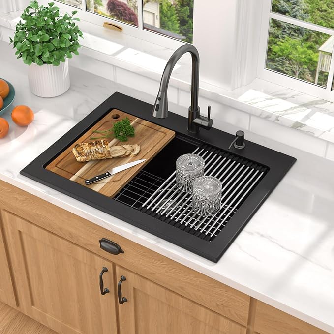 Granite Composite Kitchen Sink - 30 Inch Granite Kitchen Sink Drop In Topmount Workstation Matte Black Quartz Single Bowl Sinks All-In One, 30"x22" #TLGT-124