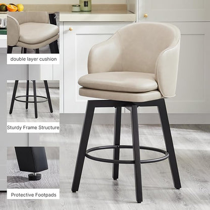 KISLOT Counter Height Barstools 26 inch Upholstered Swivel Bar Stools with Back for Kitchen Island,Set of 2,Beige PU Leather
