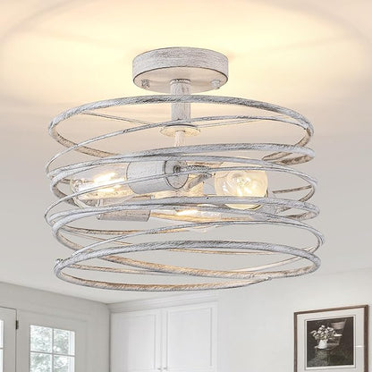 White 3-Light Rustic Drum Semi Flush Ceiling Light Fixture, Retro Farmhouse Chandeliers Metal Cage for Dining Room, Industrial Pendant Light Fixture for Entryway Kitchen Foyer Bedroom
