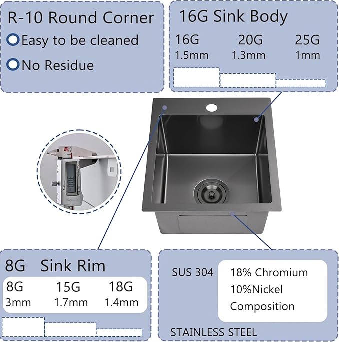 15x17 Inch Black Bar Sink Drop In Kitchen Sink, Topmount Stainless Steel Square Small Sinks, Single Bowl Kitchen Sinks for Laundry Wet Bar Prep RV Office Outdoor Yard with Grid & Drain