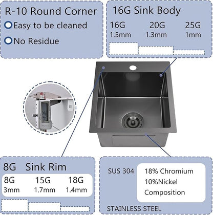 15x17 Inch Black Bar Sink Drop In Kitchen Sink, Topmount Stainless Steel Square Small Sinks, Single Bowl Kitchen Sinks for Laundry Wet Bar Prep RV Office Outdoor Yard with Grid & Drain