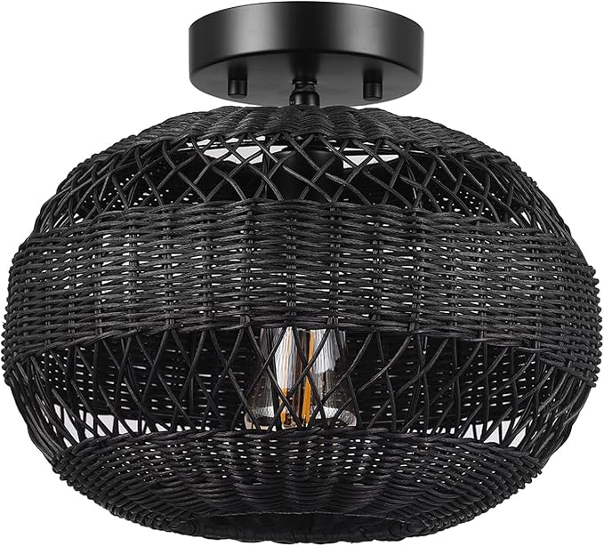 GLOBE Electric 66000071 1-Light Semi-Flush Mount Ceiling Light, Matte Black, Rattan Shade, Bedroom Lighting Fixtures Ceiling, Dining Room Fixture, Timeless Lighting for Hallway or Dining Room