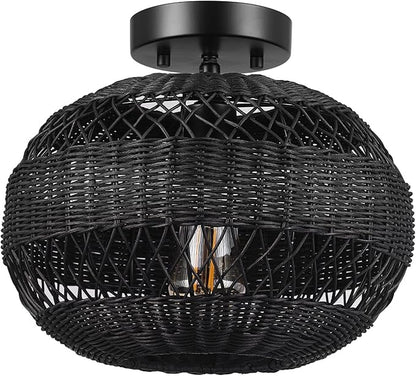GLOBE Electric 66000071 1-Light Semi-Flush Mount Ceiling Light, Matte Black, Rattan Shade, Bedroom Lighting Fixtures Ceiling, Dining Room Fixture, Timeless Lighting for Hallway or Dining Room
